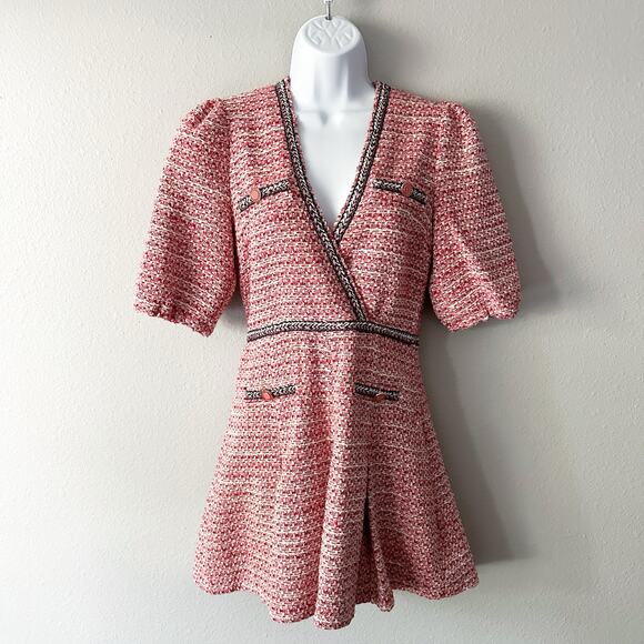 Maje Tweed Mini Dress V Neck with Ethnic Trim‎ women’s size 2 recycled polyester - Picture 5 of 16